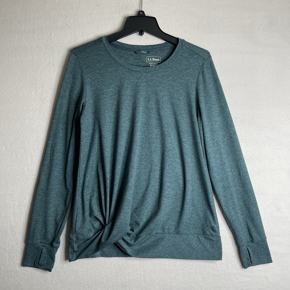 LL Bean Womens M Reg Teal Blue Heather Twist Front Active Long Sleeve Top Casual
